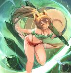  1girl :3 animal_ears bare_legs bare_shoulders bikini bikini_under_clothes black_bikini breasts brown_hair closed_mouth commission crop_top dolphin_shorts green_shirt halterneck highleg highleg_bikini highres holding large_tail leaning_forward leg_up long_hair looking_at_viewer medium_breasts midriff nagasawa_tougo navel off-shoulder_shirt off_shoulder orange_eyes original ponytail red_shorts revealing_clothes shirt short_shorts short_sleeves shorts smile solo squirrel_ears squirrel_girl squirrel_tail standing standing_on_one_leg stomach string_bikini swimsuit tail thighs v-shaped_eyebrows very_long_hair 