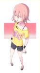  :o earrings highres jewelry looking_at_viewer neku397 open_mouth original pink_hair ring self_upload shirt short_hair shorts slippers tomboy torn_clothes torn_shirt yellow_eyes yellow_shirt 