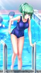  3girls adjusting_clothes adjusting_swimsuit bangs bare_legs blue_eyes blue_swimsuit blunt_bangs blurry blurry_background blush breasts closed_mouth collarbone doukyuusei_another_world game_cg green_hair iijima_miyuki kakyuusei long_hair looking_at_viewer medium_breasts multiple_girls official_art ponytail pool pool_ladder school_swimsuit shiny shiny_hair sidelocks solo_focus sparkle swimsuit thigh_gap 