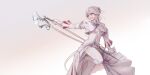  1girl au_ra avatar_(ffxiv) clenched_teeth commentary_request covered_navel dress final_fantasy final_fantasy_xiv fingerless_gloves gloves hair_bun highres holding holding_staff horns long_sleeves parted_lips red_eyes scales solo staff teeth thighhighs white_background white_dress white_gloves white_hair white_legwear white_mage wudiyishileiyu 