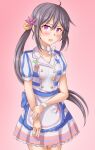  1girl akebono_(kancolle) anti_(untea9) apron bell blush choker collarbone commentary_request cosplay cowboy_shot flower gradient gradient_background hair_bell hair_flower hair_ornament highres hishi_akebono_(umamusume) hishi_akebono_(umamusume)_(cosplay) jingle_bell kantai_collection long_hair looking_at_viewer namesake open_mouth pink_background puffy_short_sleeves puffy_sleeves purple_eyes purple_hair short_sleeves side_ponytail solo umamusume very_long_hair waist_apron white_choker 