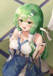  1girl :d bare_shoulders blue_skirt blush breasts cleavage commentary_request covered_nipples detached_sleeves frog_hair_ornament gohei green_eyes green_hair hair_between_eyes hair_ornament hair_tubes hand_on_own_chest hands_up happy highres indoors kochiya_sanae long_hair looking_at_viewer medium_breasts medium_skirt midriff midriff_peek navel no_bra nontraditional_miko on_floor partially_unzipped print_skirt sefushi shirt skirt smile snake_hair_ornament solo tatami touhou very_long_hair white_shirt wide_sleeves 