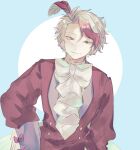  1boy ahoge ascot blue_background bow bowtie cursed_musician grey_eyes highres koma_(komagoma_co) long_sleeves looking_at_viewer male_focus maou-jou_de_oyasumi multicolored_hair red_hair short_hair simple_background solo streaked_hair two-tone_background white_ascot white_bow white_bowtie 