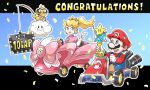  1girl 2boys anniversary aogaeru_(pixiv46613656) big_nose blonde_hair blue_eyes brown_hair cloud confetti crown driving elbow_gloves facial_hair fishing_rod gloves ground_vehicle hat highres lakitu looking_at_viewer mario mario_(series) mario_kart mario_kart_7 mini_crown motor_vehicle multiple_boys mustache open_mouth ponytail princess_peach smile trophy v white_gloves 