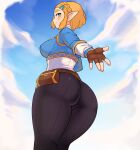  1girl absurdres ass blonde_hair blue_eyes breasts feet_out_of_frame fingerless_gloves gloves highres large_breasts looking_at_viewer outdoors pants pointy_ears pouch princess_zelda shnibbles short_hair sky smile solo the_legend_of_zelda the_legend_of_zelda:_breath_of_the_wild 