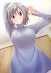  1girl arms_up from_below gomashio_star grey_hair grey_sweater hair_ornament hairclip highres indoors long_sleeves looking_at_viewer original purple_eyes ribbed_sweater short_hair smile sweater 