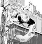  1girl ? animal_ear_fluff animal_ears arknights bangs bead_necklace beads black_capelet blush bokiboki333 braid building capelet giant giantess greyscale highres jewelry kjerag_logo large_tail leopard_ears leopard_girl leopard_tail long_hair monochrome necklace open_mouth pramanix_(arknights) shinjuku_cat solo speech_bubble spoken_question_mark spotted_fur tail turtleneck_dress twin_braids 
