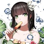  1girl black_hair bow breasts cleavage daqiao eating food green_eyes hair_bow highres holding holding_food legend_of_the_three_kingdoms lime_slice looking_at_viewer medium_hair phyntaxias popsicle solo upper_body water_drop white_bow 