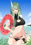 1girl arknights bare_shoulders beach bikini black_bikini breasts can cleavage cleavage_cutout clothing_cutout cowboy_shot crying_eye day energy_drink green_eyes green_hair halterneck highres horns hoshiguma_(arknights) innertube large_breasts long_hair looking_at_viewer monster_energy multi-strapped_bikini navel ocean oni_horns open_mouth outdoors single_horn smile solo standing stomach string_bikini swimsuit 