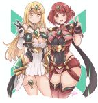  2girls absurdres bangs bare_legs bare_shoulders black_gloves blonde_hair breasts chest_jewel cleavage cleavage_cutout clothing_cutout dress earrings elbow_gloves fingerless_gloves gloves highres jewelry kurokaze_no_sora large_breasts long_hair multiple_girls mythra_(xenoblade) pyra_(xenoblade) red_eyes red_hair red_legwear red_shorts short_dress short_hair short_shorts shorts swept_bangs thigh_strap thighhighs tiara very_long_hair white_dress white_gloves xenoblade_chronicles_(series) xenoblade_chronicles_2 yellow_eyes 