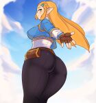  1girl absurdres ass blonde_hair blue_eyes breasts feet_out_of_frame fingerless_gloves gloves highres large_breasts long_hair looking_at_viewer outdoors pants pointy_ears pouch princess_zelda shnibbles sky smile solo the_legend_of_zelda the_legend_of_zelda:_breath_of_the_wild 