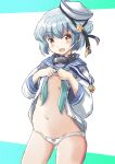  1girl aqua_neckerchief black_ribbon blue_hair blue_sailor_collar breasts commentary_request contrapposto cowboy_shot dixie_cup_hat double_bun fuji_(pixiv24804665) hat hat_ribbon highres kantai_collection long_sleeves lowleg lowleg_panties military_hat navy_cross neckerchief open_clothes open_shirt panties ribbon sailor_collar samuel_b._roberts_(kancolle) school_uniform serafuku shirt short_hair sleeve_cuffs small_breasts solo standing underwear white_headwear white_panties white_shirt yellow_eyes 