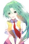  1girl bangs blush breasts collared_shirt commentary_request eyebrows_visible_through_hair green_eyes green_hair high_ponytail highres higurashi_no_naku_koro_ni large_breasts long_hair looking_at_viewer necktie open_clothes open_mouth open_vest parted_bangs ponytail red_necktie red_skirt shirt simple_background skirt solo sonozaki_mion suzuragi_karin vest white_background white_shirt yellow_vest 