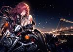  1girl :d absurdres been black_gloves black_pants blurry blurry_background blush breasts bridge cleavage closed_eyes collarbone elesis_(elsword) elsword facing_viewer fang floating_hair gloves ground_vehicle half_gloves hand_in_hair highres large_breasts long_hair motor_vehicle motorcycle night pants red_hair riding shiny shiny_hair shoulder_tattoo skin_fang smile solo sparkle tattoo very_long_hair 