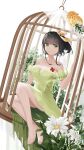  1girl absurdres bangs barefoot black_hair breasts cage cleavage daqiao dress flower full_body green_dress green_eyes hair_ribbon highres legend_of_the_three_kingdoms medium_breasts phyntaxias ribbon short_hair_with_long_locks simple_background sitting white_background yellow_ribbon 
