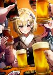  3girls absurdres angry beer_mug blonde_hair blush cup earrings embarrassed highres idolmaster idolmaster_shiny_colors jewelry komiya_kaho morino_rinze mug multiple_girls saijou_juri solo_focus star_(symbol) star_earrings tera2001 