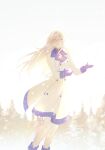  1girl 86_-eightysix- bangs blue_gloves eyebrows_visible_through_hair floating_hair gloves grey_eyes hair_behind_ear highres jacket legion_(86_is_romance) long_hair looking_at_viewer open_hands silver_hair smile snowing solo vladilena_millize white_jacket 