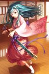 1girl bangs blue_hair breasts closed_mouth commentary_request full_body hair_ornament hakama hakama_skirt indoors japanese_clothes katana kimono long_hair looking_at_viewer natsuya_(kuttuki) no_shoes pink_kimono red_eyes red_skirt running scabbard sheath sheathed skirt small_breasts solo sword tabi venus_blade weapon white_legwear wide_sleeves wooden_floor 