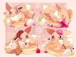  blush border brown_eyes character_name closed_eyes commentary eevee food hat hatted_pokemon highres holding lying no_humans on_back on_food pancake parted_lips pokemon pokemon_(creature) red_headwear tam_o&#039;_shanter waffle yupo_0322 
