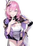  1girl bangs breasts cleavage commentary elysia_(honkai_impact) finger_to_mouth gloves highres honkai_(series) honkai_impact_3rd large_breasts long_hair looking_at_viewer nakuta one_eye_closed pink_hair pointy_ears purple_eyes simple_background single_glove smile solo teeth white_background 