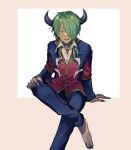  1boy barefoot black_horns black_nails crossed_legs dark-skinned_male dark_skin demon_horns demon_king_tasogare foot_out_of_frame green_hair hair_over_one_eye hand_on_own_knee highres horns invisible_chair koma_(komagoma_co) long_hair long_sleeves looking_at_viewer male_focus maou-jou_de_oyasumi pants pink_background simple_background sitting solo two-tone_background yellow_eyes 