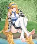  1girl absurdres alinlinlinglin arknights arm_strap arm_support bangs barefoot black_gloves blonde_hair blue_eyes blue_hairband blue_necktie blush breasts chinese_commentary commentary_request elbow_gloves eyebrows_visible_through_hair feet foot_focus gloves grass hairband hand_up heel-less_legwear highres horns knees_up large_breasts legs long_hair looking_at_viewer necktie outdoors panties pointy_ears saileach_(arknights) shirt sitting smile soles solo thighhighs thighs toes underwear very_long_hair water white_legwear white_panties white_shirt 