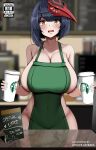  1girl alternate_breast_size apron artist_name astraea_(atelierastraea) asymmetrical_hair bangs bare_shoulders bird_mask blurry blurry_background blush breasts cleavage collarbone counter covered_navel cup disposable_cup embarrassed english_commentary eyebrows_visible_through_hair genshin_impact green_apron groin highres holding holding_cup huge_breasts iced_latte_with_breast_milk_(meme) kujou_sara mask mask_on_head meme menu naked_apron open_mouth short_hair solo swept_bangs tengu_mask v-shaped_eyebrows yellow_eyes 