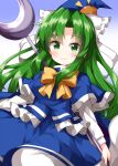  1girl bangs blue_background blue_headwear blue_shirt blue_skirt bow bowtie closed_mouth commentary_request eyebrows_visible_through_hair gradient gradient_background green_eyes green_hair hat highres long_hair long_sleeves looking_at_viewer mima_(touhou) pointy_hat ruu_(tksymkw) shirt skirt smile solo staff touhou touhou_(pc-98) wizard_hat yellow_bow yellow_bowtie 