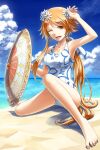  1girl arm_up armpits bangs barefoot beach blue_sky breasts cleavage cloud commentary_request day eyebrows_visible_through_hair flower full_body hair_flower hair_ornament holding holding_shield horizon long_hair looking_at_viewer medium_breasts natsuya_(kuttuki) ocean one-piece_swimsuit one_eye_closed open_mouth orange_eyes orange_hair outdoors ponytail print_swimsuit sand shield sitting sky smile solo swimsuit venus_blade very_long_hair white_flower white_swimsuit 