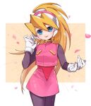  1girl black_legwear blonde_hair blue_eyes ciel_(mega_man) commentary cowboy_shot eyebrows_visible_through_hair gloves hand_up legs_together light_particles long_hair looking_at_viewer mega_man_(series) mega_man_zero open_mouth pantyhose petals ponytail sakuraba_(cerisier_x) sleeveless smile solo standing white_gloves 