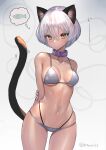  1girl animal_ears arms_behind_back bikini black_tail bob_cut breasts cat_ears cat_tail collar cowboy_shot gradient gradient_background grey_bikini highres hitowa looking_at_viewer medium_breasts navel original silver_hair simple_background solo swimsuit tail thinking wide_hips yellow_eyes 