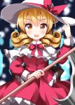  1girl :d bangs blonde_hair blurry blurry_background capelet commentary_request cowboy_shot drill_locks elly_(touhou) eyebrows_visible_through_hair forest frilled_capelet frilled_shirt frilled_skirt frills hand_on_headwear hat hat_ribbon highres holding holding_scythe long_sleeves looking_at_viewer nature open_mouth red_eyes red_ribbon red_shirt red_skirt ribbon ruu_(tksymkw) scythe shirt short_hair skirt smile standing touhou touhou_(pc-98) v-shaped_eyebrows white_capelet white_headwear yellow_eyes 