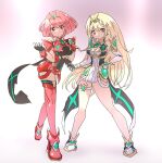  2girls bangs bare_legs bare_shoulders black_gloves blonde_hair breasts chest_jewel cleavage cleavage_cutout clothing_cutout dress earrings elbow_gloves fingerless_gloves gloves highres jewelry large_breasts long_hair multiple_girls mythra_(xenoblade) pyra_(xenoblade) red_eyes red_hair red_legwear red_shorts short_dress short_hair short_shorts shorts swept_bangs tavnbut thigh_strap thighhighs tiara very_long_hair white_dress white_footwear white_gloves xenoblade_chronicles_(series) xenoblade_chronicles_2 yellow_eyes 