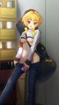 1girl :d bangs between_breasts black_pants blonde_hair bra bra_lift breasts cellphone clothes_lift clothes_pull convenient_arm denim doukyuusei_another_world eyebrows_visible_through_hair game_cg grey_bra guitar_case holding holding_phone horiide_mika indoors instrument_case kakyuusei_2 long_sleeves looking_at_viewer medium_breasts navel official_art open_pants panties pants pants_pull panty_pull phone red_eyes shiny shiny_hair short_hair smartphone smile solo standing strap_between_breasts sweater sweater_lift underboob underwear white_sweater 