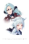  2girls animal_ears armor au_ra avatar_(ffxiv) blue_hair cat_ears closed_mouth collared_shirt commentary copyright_name facial_mark final_fantasy final_fantasy_xiv green_eyes highres horns long_hair miqo&#039;te multiple_girls open_mouth portrait scales shirt short_hair simple_background slit_pupils smile whisker_markings white_background white_shirt wudiyishileiyu yellow_eyes 