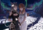  2girls andonoz animal_ears au_ra avatar_(ffxiv) bangs black_dress black_gloves black_legwear breasts brown_eyes brown_hair cat_ears cat_tail cleavage cleavage_cutout clothing_cutout cowboy_shot dragon_horns dragon_tail dress final_fantasy final_fantasy_xiv flower gloves green_eyes highres holding_hands horns jewelry light_brown_hair long_hair looking_at_another medium_breasts miqo&#039;te multiple_girls night night_sky pendant scales shoulder_cutout side_slit sky tail thighhighs white_dress 