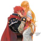  1boy 1girl blonde_hair cape carrying circlet closed_eyes dark-skinned_male dark_skin dated dress facing_another fingerless_gloves ganondorf gloves hetero kiss kissing_forehead long_hair long_sleeves muscular muscular_male oimobugs pointy_ears princess_zelda red_cape red_eyes red_hair sideburns simple_background spiked_hair the_legend_of_zelda the_legend_of_zelda:_a_link_between_worlds very_long_hair white_background 