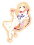  1girl bare_legs barefoot blonde_hair brown_eyes candy closed_mouth clothes_writing food full_body futaba_anzu hand_up idolmaster idolmaster_cinderella_girls long_hair low_twintails off_shoulder outline sakuraba_(cerisier_x) shirt short_sleeves shorts single_bare_shoulder smile solo striped striped_shorts t-shirt twintails white_outline white_shirt you_work_you_lose 