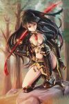  1girl armor armored_boots bangs bikini_armor black_armor black_hair boots breasts commentary_request forest full_body gauntlets grass grin holding holding_sword holding_weapon japanese_armor katana large_breasts long_hair looking_down natsuya_(kuttuki) nature one_knee red_eyes rock scabbard sheath shoulder_armor smile sode solo sword tree venus_blade weapon 