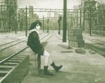  1girl black_hair boots building crate hands_in_pockets kensight328 long_hair monochrome original outdoors railroad_tracks shadow signature sitting solo suitcase wide_shot 