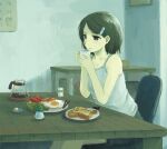  1girl black_eyes black_hair calendar_(object) chair coffee cup egg feet_out_of_frame food hair_ornament hairclip holding holding_cup indoors kensight328 original plate sausage shadow short_hair sitting smile solo sunny_side_up_egg table toast 