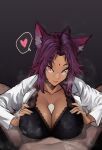  1girl absurdres ahoge animal_ear_fluff animal_ears bangs black_background black_bra blank_censor borrowed_character bra breasts brown_nails cat_ears censored clothed_female_nude_male collared_shirt commentary commission dark-skinned_female dark_skin english_commentary erection eyebrows_visible_through_hair facial_mark forehead_mark heart highres kobi420 lace-trimmed_bra lace_trim large_breasts looking_at_viewer nail_polish nude open_clothes open_shirt orange_eyes original paizuri paizuri_under_clothes parted_bangs parted_lips penis pov purple_hair shirt simple_background solo_focus spoken_heart tsurime underwear white_shirt 