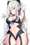 1girl arm_up armpits bangs beni_shake black_bow black_leotard blush bow braid breasts center_opening cleavage commentary cowboy_shot detached_sleeves eyebrows_visible_through_hair fate/grand_order fate_(series) full_body garter_straps grey_eyes grey_hair groin hair_bow large_breasts leotard long_sleeves morgan_le_fay_(fate) navel parted_lips signature solo thick_thighs thigh_gap thighs white_sleeves 