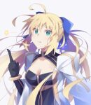  1girl ahoge artoria_pendragon_(caster)_(fate) artoria_pendragon_(fate) bangs black_gloves blonde_hair blue_bow blush bow bracelet breasts cleavage clothing_cutout collarbone commentary_request dress elbow_gloves eyebrows_visible_through_hair facial_mark fate/grand_order fate_(series) floating_hair forehead_mark gloves green_eyes grin hair_between_eyes hair_bow highres index_finger_raised jewelry juliet_sleeves long_hair long_sleeves looking_at_viewer puffy_sleeves sidelocks simple_background small_breasts smile solo star_(symbol) twintails upper_body uryu0270 very_long_hair white_background white_dress wide_sleeves 