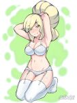  1girl abs adjusting_hair alternate_breast_size alternate_costume alternate_hairstyle artsheops blonde_hair blush bra breasts cleavage closed_mouth commentary full_body garter_straps green_eyes kneeling large_breasts lingerie looking_at_viewer lusamine_(pokemon) multicolored_hair navel panties pokemon pokemon_(game) pokemon_sm signature smile solo split_mouth streaked_hair thighhighs toned underwear watermark white_bra white_legwear white_panties 