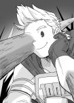  1boy boku_no_hero_academia cape closed_mouth costume gloves gradient gradient_background greyscale hada_(minhw215) hand_on_own_face highres intangible looking_down male_focus monochrome quiff smile solo spikes squatting superhero togata_mirio upper_body 