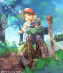  1boy :d animal_on_shoulder arrow_(symbol) backpack bag baseball_cap bicycle blurry brown_eyes brown_hair dated day depth_of_field full_body ground_vehicle hat lens_flare light_rays male_focus mother_(game) mother_2 mouse ness_(mother_2) outdoors path red_headwear riding_bicycle road_sign shirt shoes shorts sign signature smile sneakers striped striped_shirt sunbeam sunlight t-shirt tree wristband yamamori_uniko 