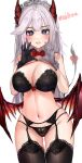  1girl absurdres asymmetrical_gloves bangs black_bra black_gloves black_legwear black_panties blue_eyes blush bow bra breasts character_name cleavage demon_girl demon_horns demon_wings gloves grey_gloves grey_hair heart heart_hands highres horns korean_commentary large_breasts long_hair maid_headdress midriff mismatched_gloves mookie_(e_mook9) navel panties parted_lips red_bow solo thighhighs typo underwear vei_(vtuber) virtual_youtuber vshojo white_background wings 