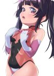  1girl aiai_(jsm) bangs bare_shoulders black_hair blunt_bangs blush breasts commentary_request covered_navel elbow_gloves gloves hands_up highres leotard lipgloss long_hair looking_at_viewer open_mouth pink_eyes pink_leotard senki_zesshou_symphogear shiny shiny_clothes shiny_hair shiny_skin simple_background small_breasts solo standing tsukuyomi_shirabe twintails upper_body white_background younger 