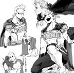  1boy angry bent_over bodysuit boku_no_hero_academia boots cape closed_mouth gloves grey_background greyscale grin hada_(minhw215) knee_boots kneeling male_focus monochrome muscular muscular_male quiff simple_background smile togata_mirio visor white_background 